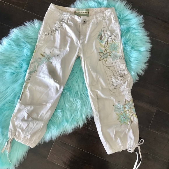 Miss Me Pants - Miss Me P6327-LT Embroidered Cargo Pants Embellished with studs and crystals